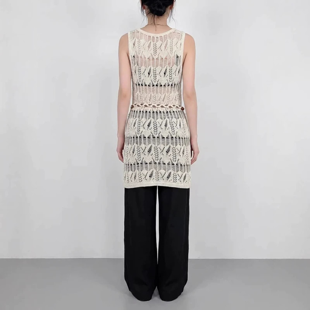 ZARA Womens Hollow Knit Sleeveless Crochet Vest Irregular Slit Versatile Top